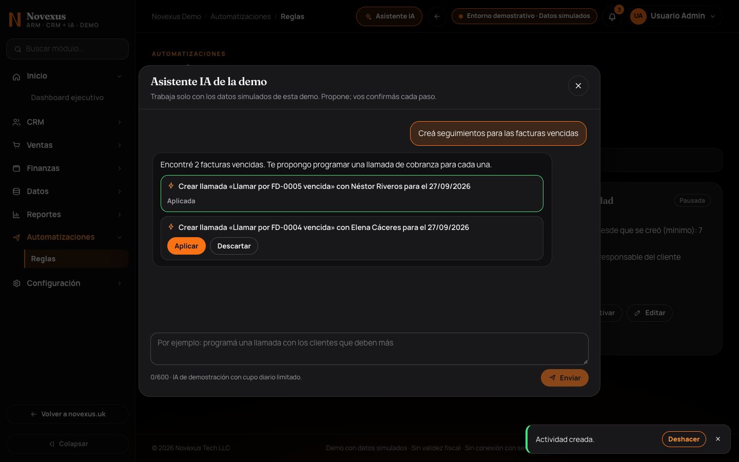 ARM con el asistente de IA proponiendo acciones sobre la demo.